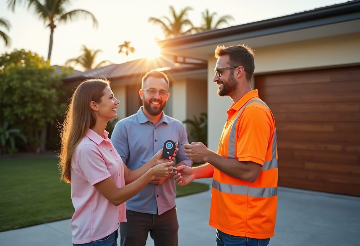 Technician handing over a garage remote at sunset — Currumbin