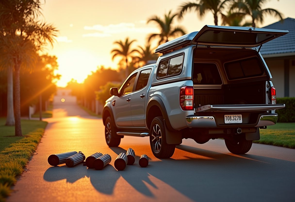 Technician ute with parts laid out at sunset — Currumbin
